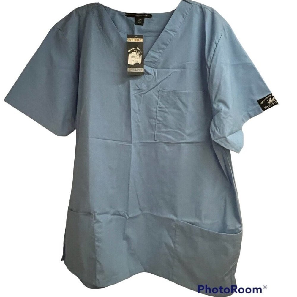 Beverly Hills Blue Medical Scrub Pullover V-Neck Shirt 2XL Cotton 3 Pockets New